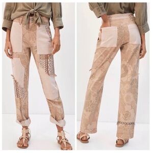 Anthropologie Patchwork Straight-Leg Pants in Beige & Cream